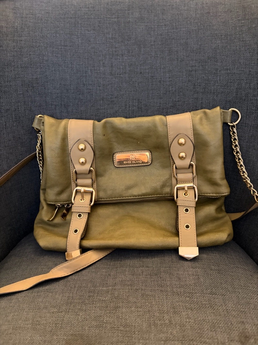 River Island Olive Crossbody Bag with Tan Trim and Gold Hardware